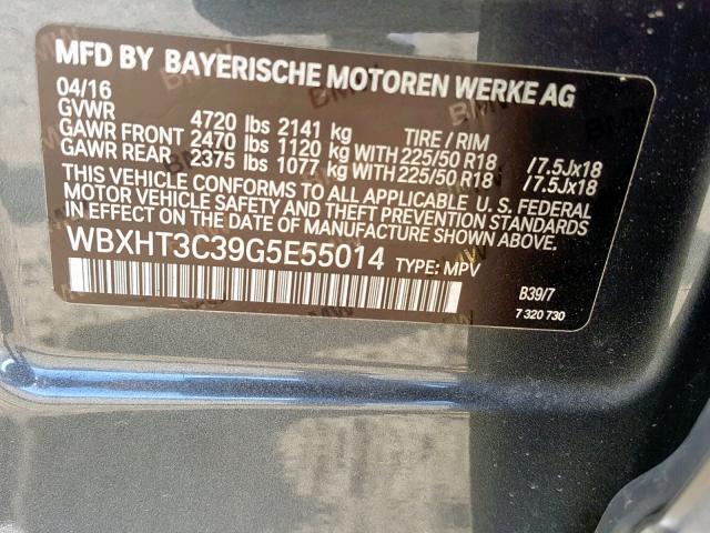 WBXHT3C39G5E55014 - 2016 BMW X1 XDRIVE2 GRAY photo 10