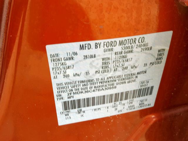 2FMDK36C47BA30959 - 2007 FORD EDGE SE ORANGE photo 10