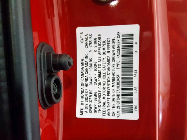 2HGFC4B57JH303454 - 2018 HONDA CIVIC LX RED photo 10