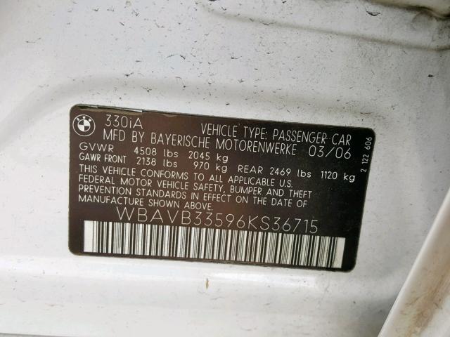 WBAVB33596KS36715 - 2006 BMW 330 I WHITE photo 10