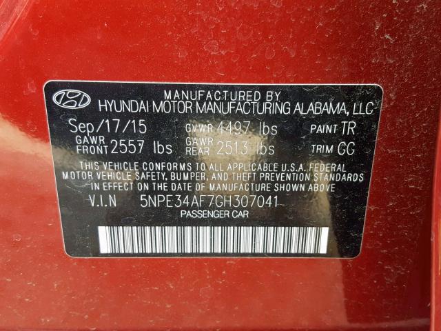 5NPE34AF7GH307041 - 2016 HYUNDAI SONATA SPO RED photo 10