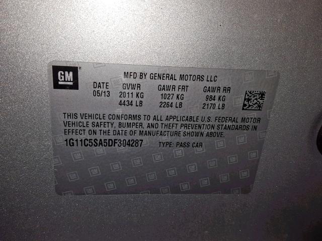 1G11C5SA5DF304287 - 2013 CHEVROLET MALIBU 1LT ვერცხლისფერი ფოტო 10