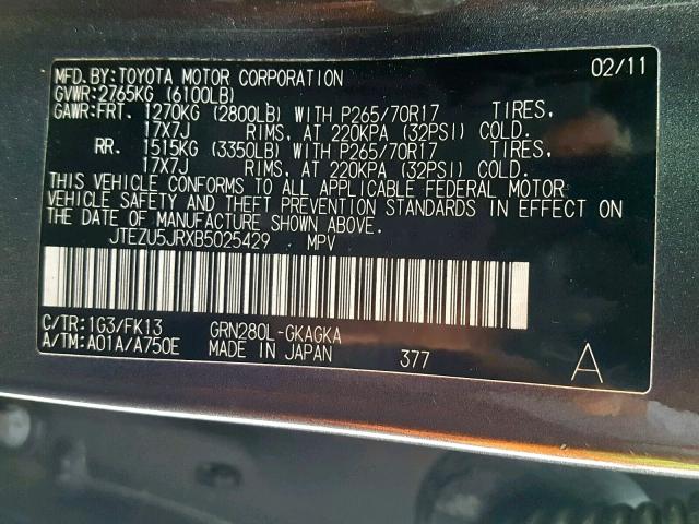 JTEZU5JRXB5025429 - 2011 TOYOTA 4RUNNER SR GRAY photo 10