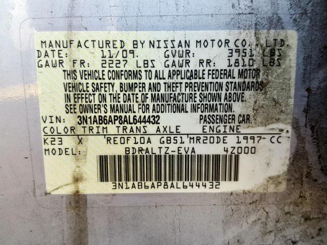 3N1AB6AP8AL644432 - 2010 NISSAN SENTRA 2.0 SILVER photo 10