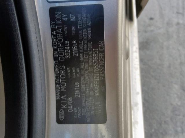 KNAFE121785576851 - 2008 KIA SPECTRA EX SILVER photo 10