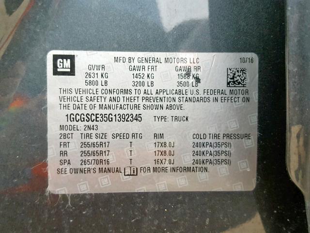 1GCGSCE35G1392345 - 2016 CHEVROLET COLORADO L GRAY photo 10