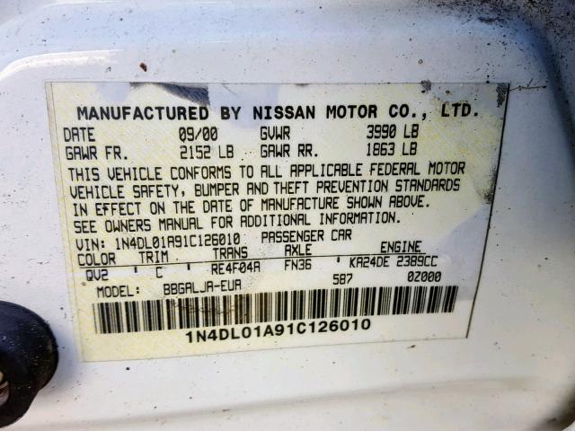 1N4DL01A91C126010 - 2001 NISSAN ALTIMA GXE WHITE photo 10