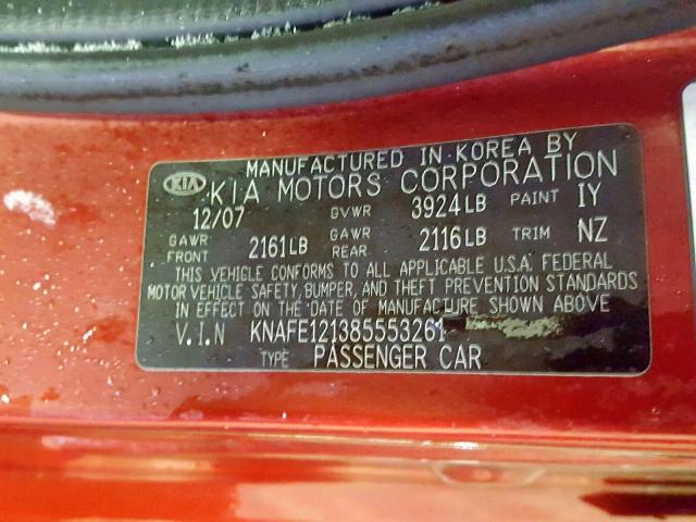 KNAFE121385553261 - 2008 KIA SPECTRA EX RED photo 10