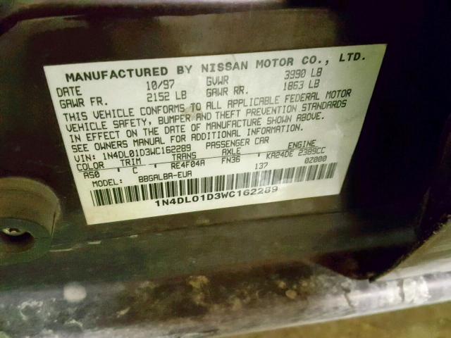 1N4DL01D3WC162289 - 1998 NISSAN ALTIMA XE MAROON photo 10