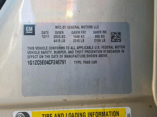 1G1ZC5E04CF246791 - 2012 CHEVROLET MALIBU 1LT GOLD photo 10