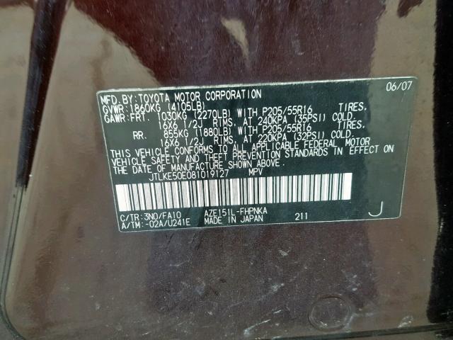 JTLKE50E081019127 - 2008 TOYOTA SCION XB MAROON photo 10