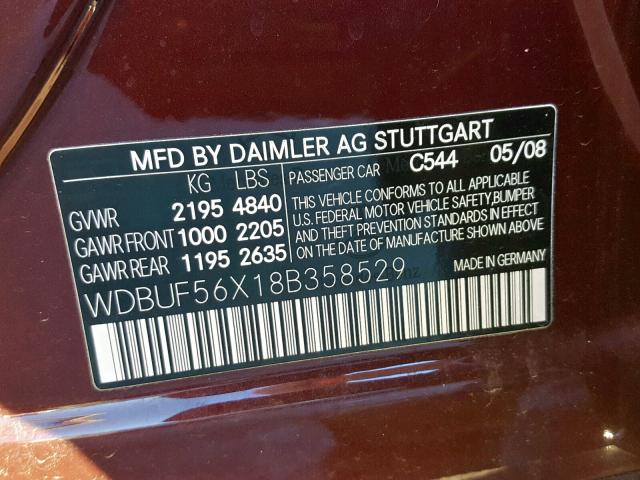 WDBUF56X18B358529 - 2008 MERCEDES-BENZ E 350 BURGUNDY photo 10