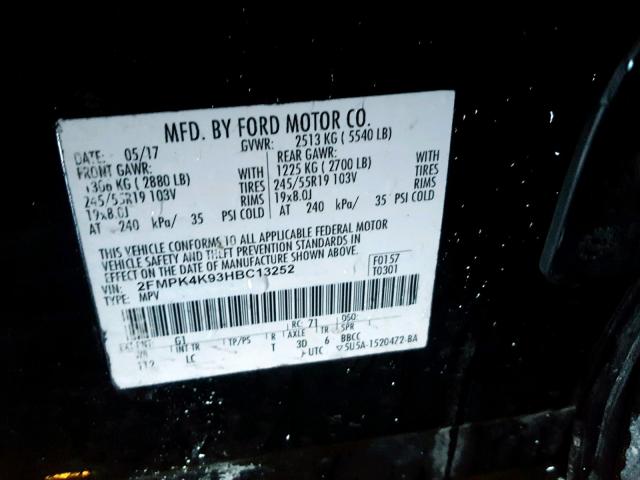 2FMPK4K93HBC13252 - 2017 FORD EDGE TITAN BLACK photo 10