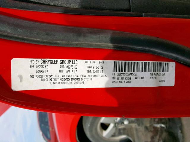 2B3CA3CVXAH287428 - 2010 DODGE CHARGER SX RED photo 10