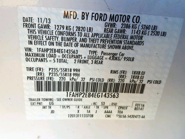 1FAHP2E84EG143563 - 2014 FORD TAURUS SEL WHITE photo 10