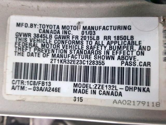 2T1KR32E23C128355 - 2003 TOYOTA COROLLA MA SILVER photo 10