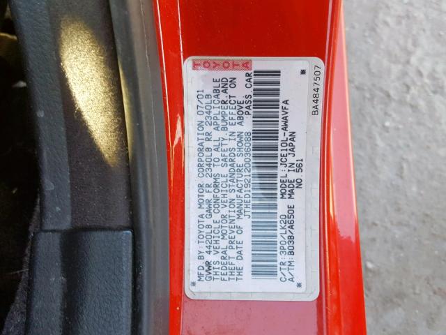 JTHED192120036088 - 2002 LEXUS IS 300 SPO RED photo 10