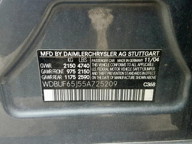 WDBUF65J55A725209 - 2005 MERCEDES-BENZ E 320 GRAY photo 10