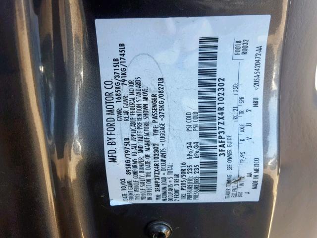 3FAFP37ZX4R102302 - 2004 FORD FOCUS ZX5 GRAY photo 10