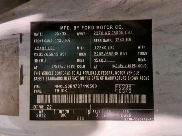 NM0LS6BN7CT110580 - 2012 FORD TRANSIT CO WHITE photo 10