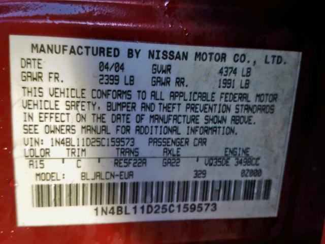 1N4BL11D25C159573 - 2005 NISSAN ALTIMA SE RED photo 10