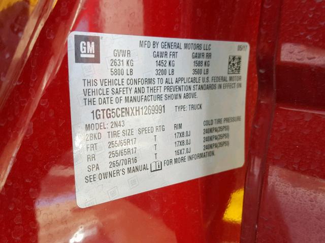 1GTG5CENXH1269991 - 2017 GMC CANYON SLE RED photo 10