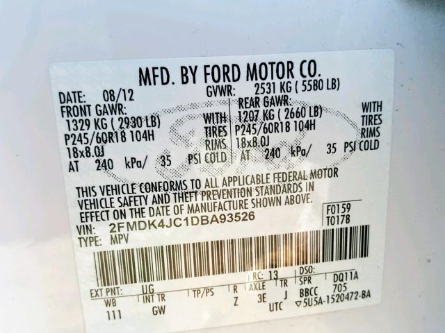 2FMDK4JC1DBA93526 - 2013 FORD EDGE SEL WHITE photo 10