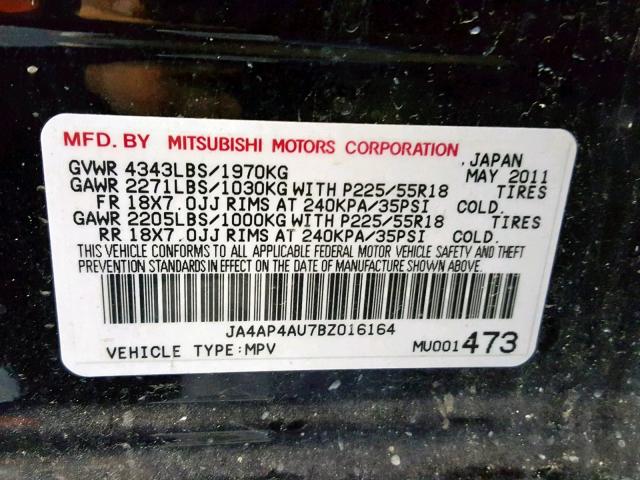 JA4AP4AU7BZ016164 - 2011 MITSUBISHI OUTLANDER BLACK photo 10