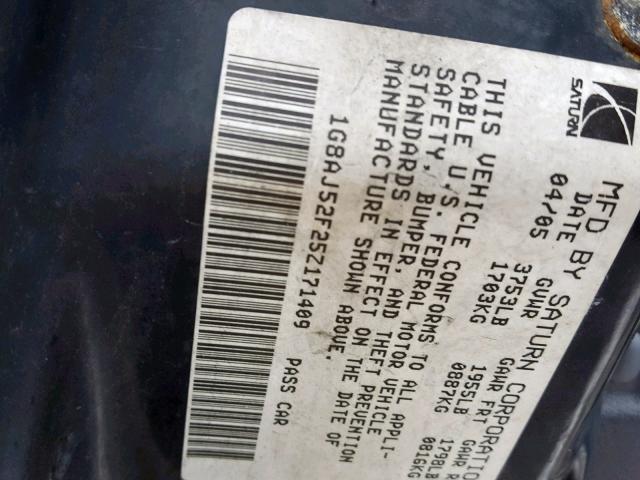1G8AJ52F25Z171409 - 2005 SATURN ION LEVEL GRAY photo 10