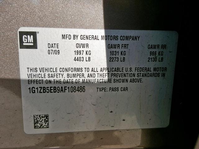 1G1ZB5EB9AF108486 - 2010 CHEVROLET MALIBU LS TAN photo 10