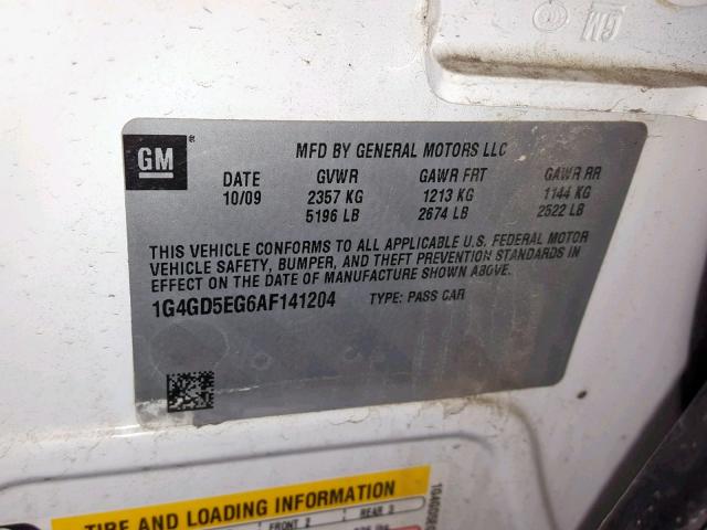 1G4GD5EG6AF141204 - 2010 BUICK LACROSSE C WHITE photo 10