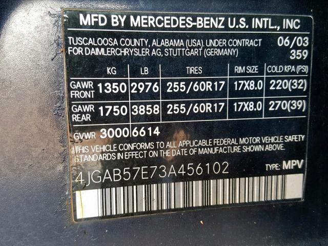 4JGAB57E73A456102 - 2003 MERCEDES-BENZ ML 350 BLUE photo 10