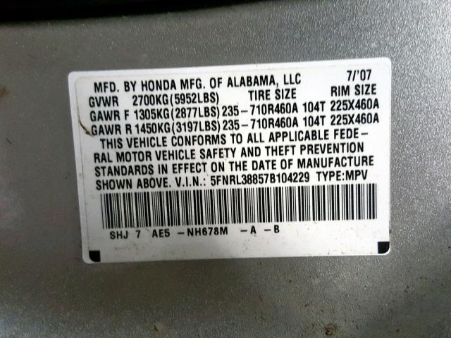 5FNRL38857B104229 - 2007 HONDA ODYSSEY TO SILVER photo 10