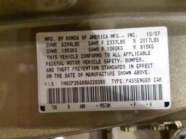 1HGCP26468A026060 - 2008 HONDA ACCORD LXP GOLD photo 10