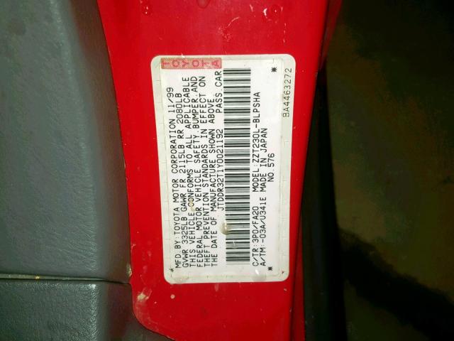 JTDDR32T1Y0021192 - 2000 TOYOTA CELICA GT RED photo 10