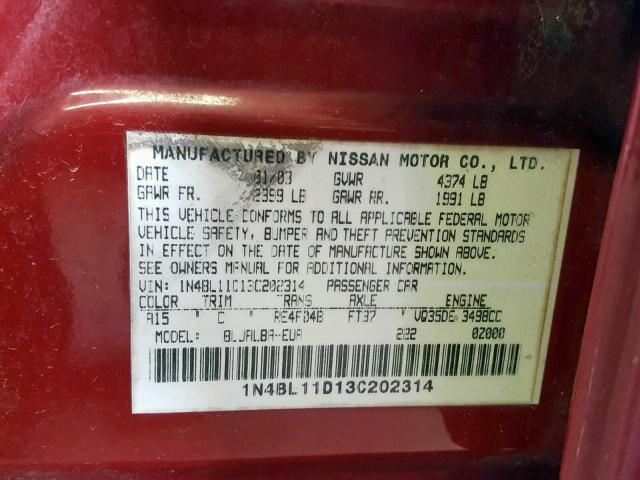 1N4BL11D13C202314 - 2003 NISSAN ALTIMA SE RED photo 10