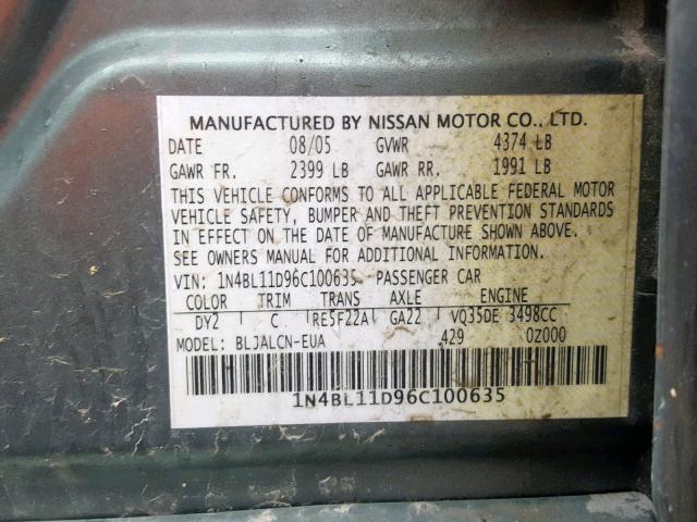 1N4BL11D96C100635 - 2006 NISSAN ALTIMA SE GRAY photo 10