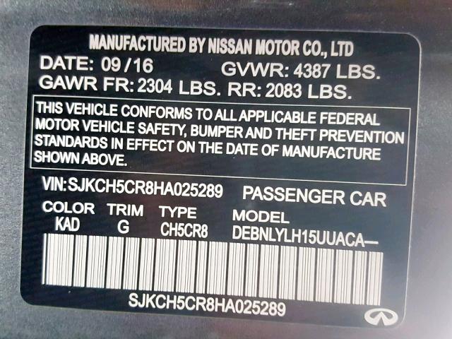 SJKCH5CR8HA025289 - 2017 INFINITI QX30 BASE GRAY photo 10