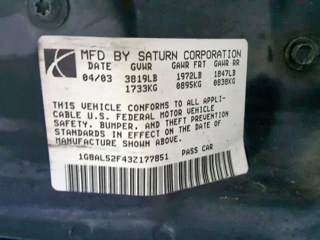 1G8AL52F43Z177851 - 2003 SATURN ION LEVEL GRAY photo 10