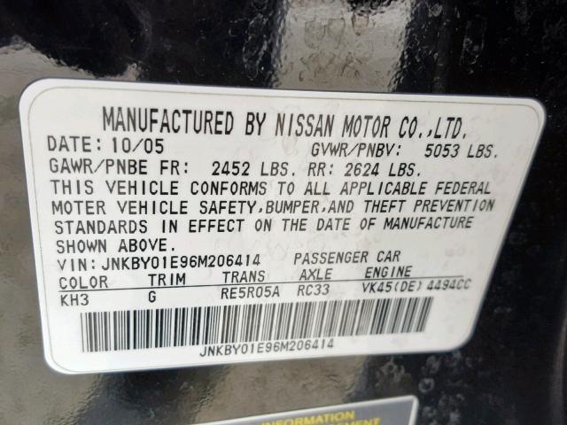 JNKBY01E96M206414 - 2006 INFINITI M45 BASE BLACK photo 10