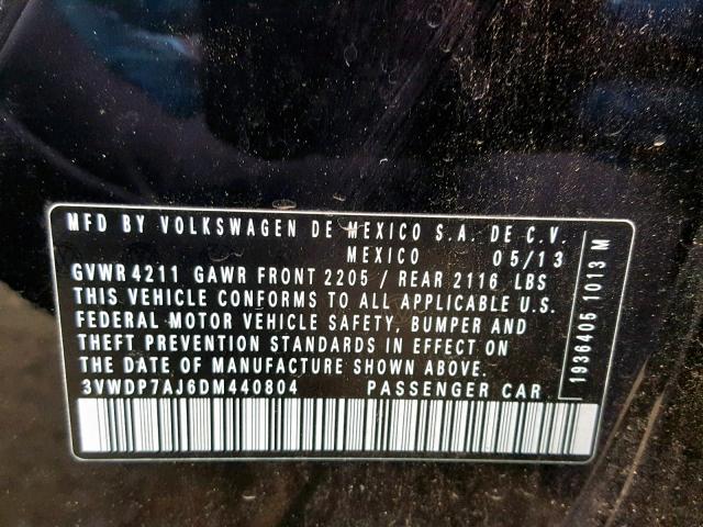 3VWDP7AJ6DM440804 - 2013 VOLKSWAGEN JETTA SE BLACK photo 10