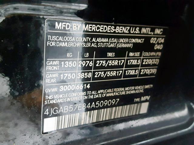 4JGAB57E84A509097 - 2004 MERCEDES-BENZ ML 350 BLACK photo 10