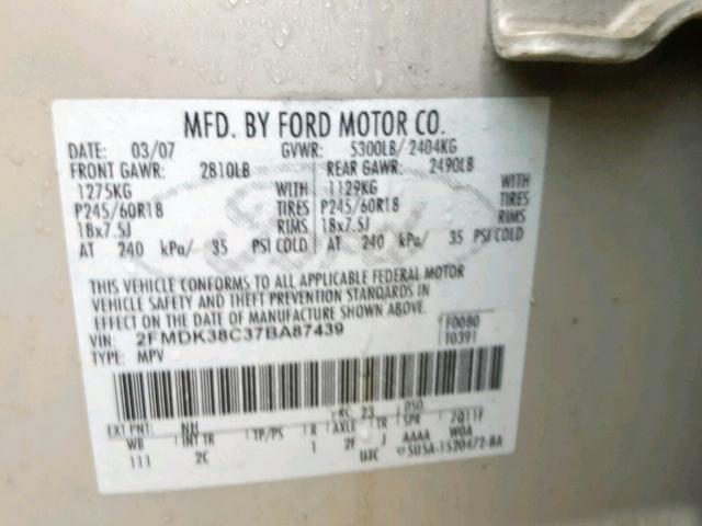 2FMDK38C37BA87439 - 2007 FORD EDGE SEL SILVER photo 10