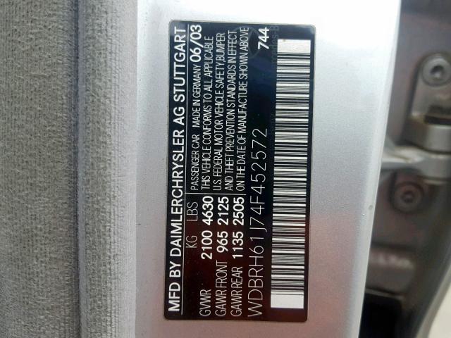 WDBRH61J74F452572 - 2004 MERCEDES-BENZ C 240 SPOR SILVER photo 10