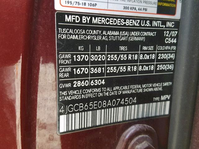 4JGCB65E08A074504 - 2008 MERCEDES-BENZ R 350 BURGUNDY photo 10