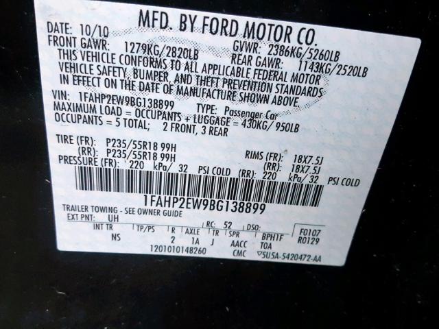 1FAHP2EW9BG138899 - 2011 FORD TAURUS SEL BLACK photo 10