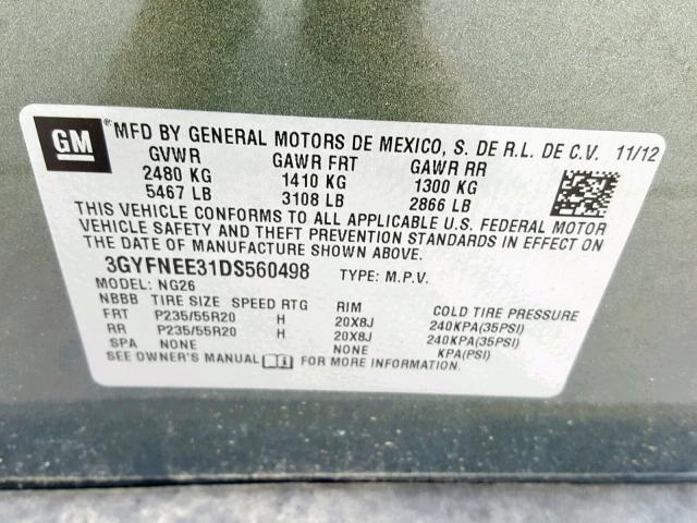 3GYFNEE31DS560498 - 2013 CADILLAC SRX PREMIU GREEN photo 10