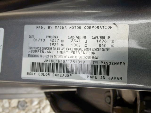 JM1BL1H48A1281019 - 2010 MAZDA SPEED 3 GRAY photo 10