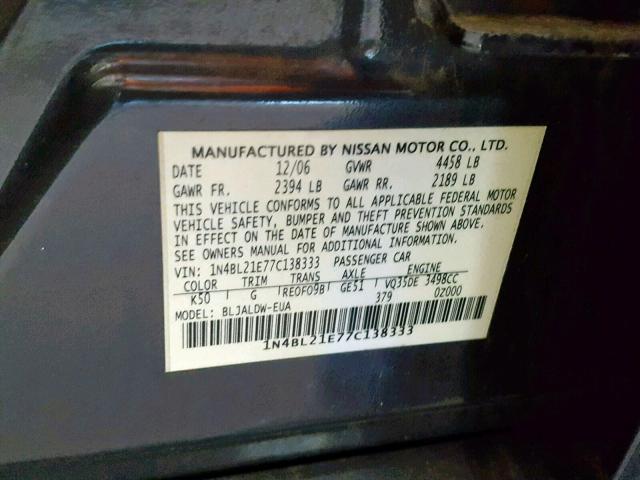 1N4BL21E77C138333 - 2007 NISSAN ALTIMA 3.5 GRAY photo 10