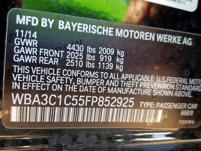 WBA3C1C55FP852925 - 2015 BMW 328 I SULE BLACK photo 10